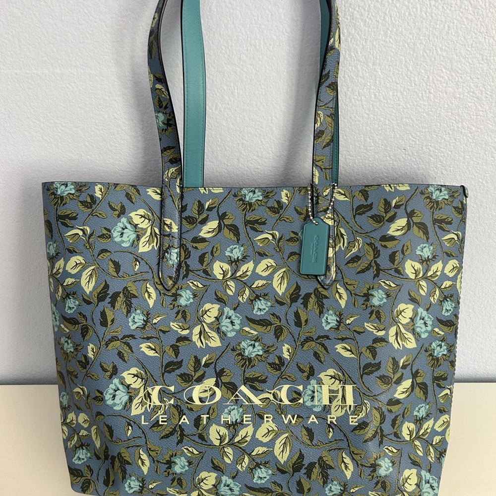 NWOT COACH blue floral leather tote